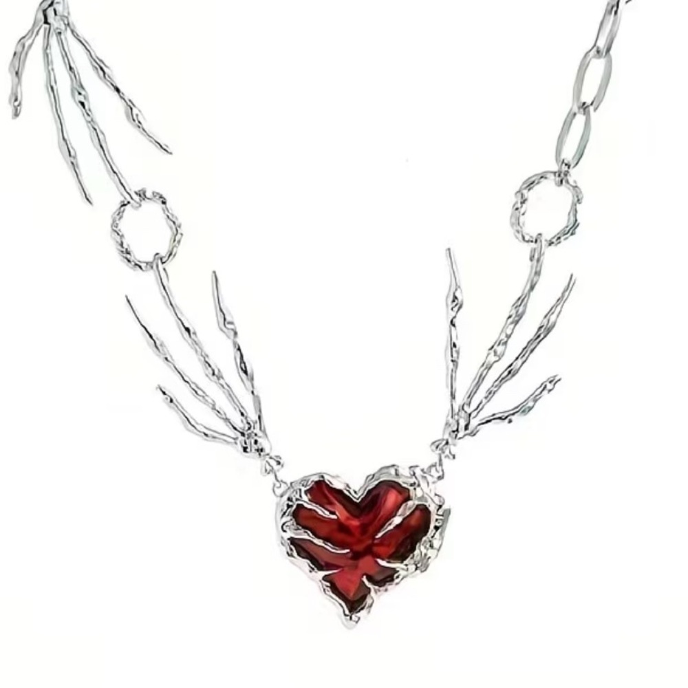 Silver and Red Heart  skeleton hand Necklace